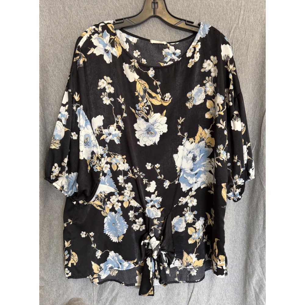 ODDI Floral Front Tie Black Blue‎ Satin Puff Sleeve Womens Plus 2XL Cottagecore